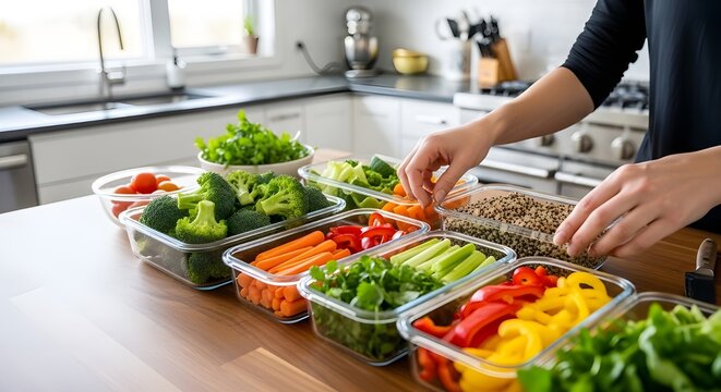 Una toma del estilo de vida de un hombre disfrutando de una comida casera preparada con recipientes llenos de comidas nutritivas y en porciones.
 Generative AI