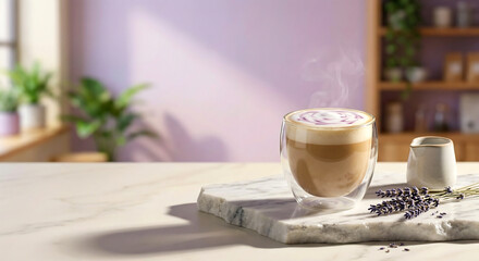 Obraz premium Vegan Lavender Oat Milk Latte with Creamy Foam in Glass Cup. Minimalist Boutique Café Aesthetic with Elegant Copy Space.