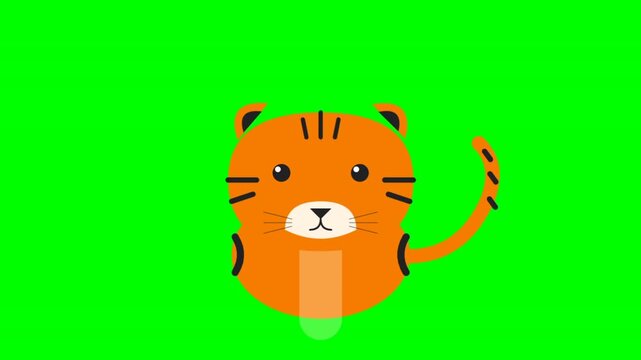Cute cartoon tiger illustration with orange fur and black stripes on a vibrant green screen background.