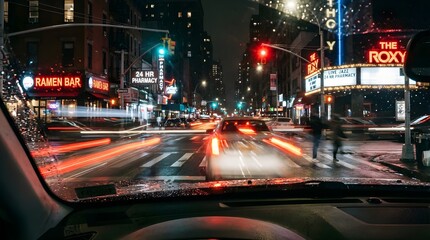 Fototapeta premium Busy Night Intersection Vehicle POV With Streaking Headlights, Vivid Signage, And Cinematic Urban Realism