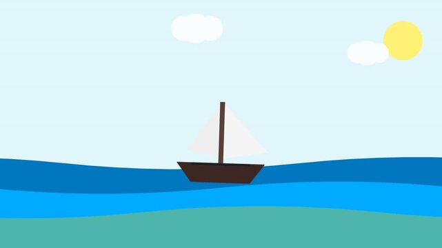 A simple, flat-design illustration of a sailboat sailing on calm blue water under a clear sky with clouds and sun.