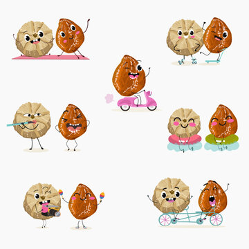 Funny Characters Ma'amoul dessert, Turkish candied chestnut (Kestane Sekeri) , hand drawn vector illustration.