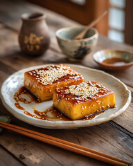 Grilled tofu dengaku with sweet miso glaze and sesame seeds on ceramic plate Japanese cuisine concept