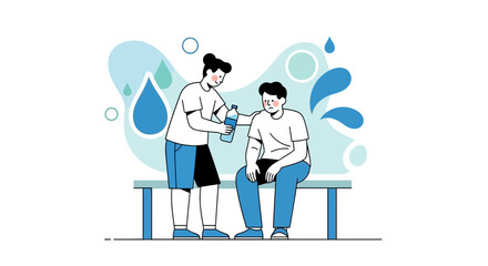 Fototapeta premium Caring person offers water to tired man sitting on bench, hydration concept