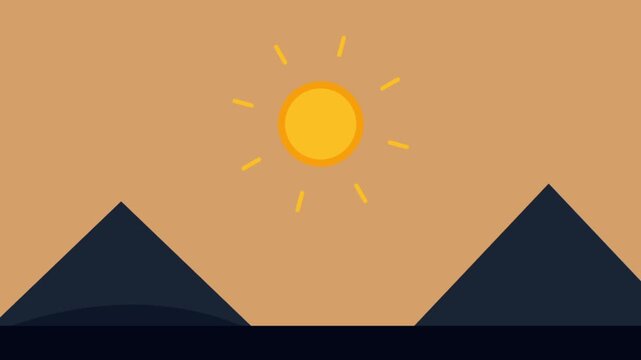A minimalist flat design illustration depicting a bright yellow sun shining over two dark triangular shapes resembling pyramids or mountains against a light brown sky.