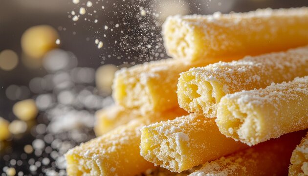 Powdered sugar dusts crunchy dessert sticks in a close-up view