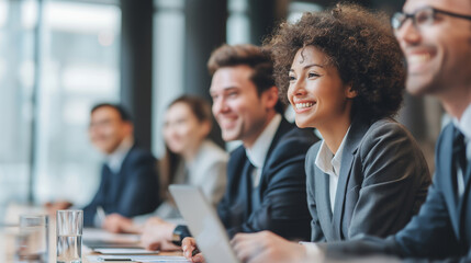 会議に参加する笑顔のビジネスパーソンたちのミーティング風景