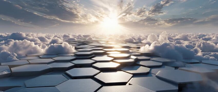 Hexagonal stone path leading through clouds at sunrise