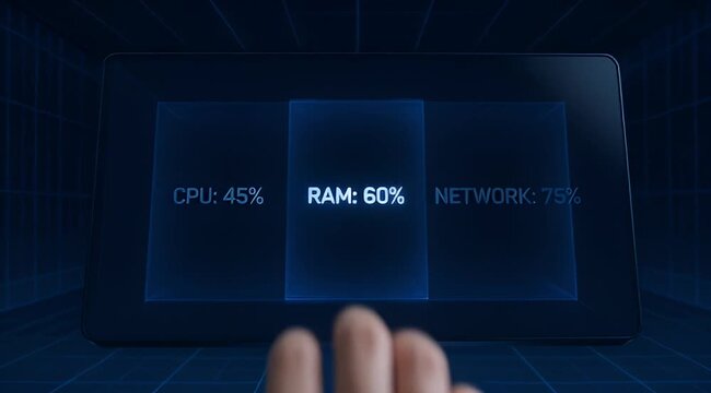 futuristic blue digital screen displaying system resource utilization percentages with high technology elements