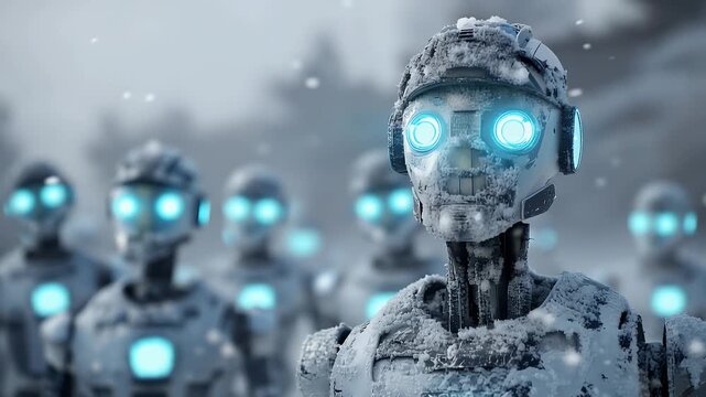 Frozen robots with glowing eyes in icy landscape