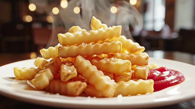 Steaming hot crinkle cut fries with ketchup on white plate