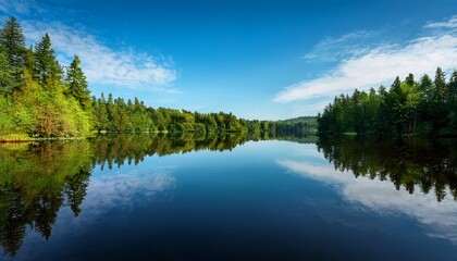 Obraz premium A Calm Lake Reflecting Surrounding Trees And Blue Sky With Still Water Creating Mirror Symmetry