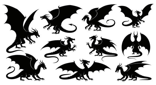 Minimalist flat vector illustration set of dragon silhouettes in various poses.