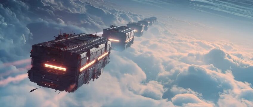Futuristic Cargo Ships Flying Above Clouds