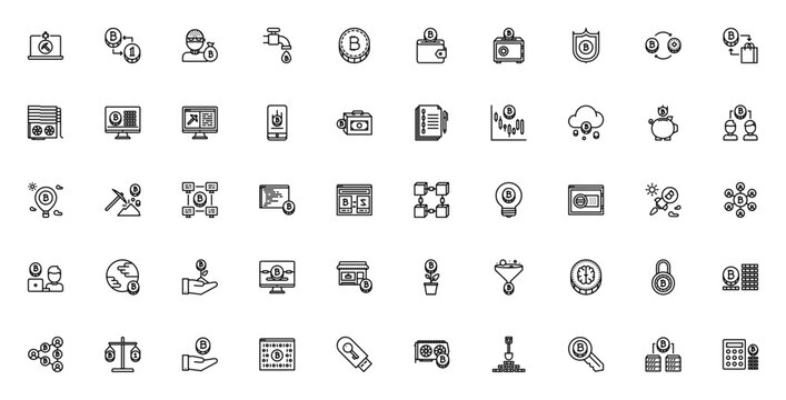 Blockchain icon set. Cryptocurrency vector icons pack. Includes Bitcoin, mining, exchange, shield, contract, growth and more. Editable thin line symbols.