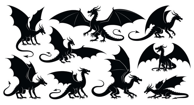 Minimalist flat vector illustration set of dragon silhouettes in various poses.