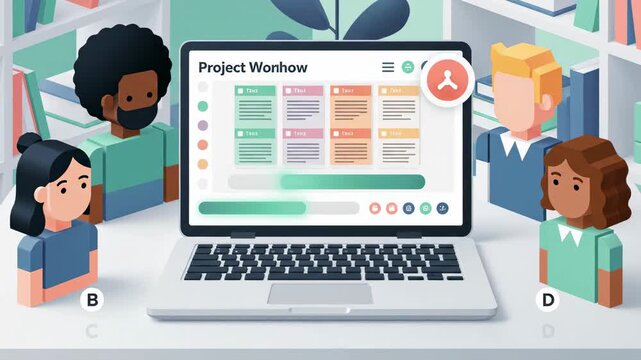 Digital project management software presentation with team collaboration and task management on laptop illustration of modern tech interface