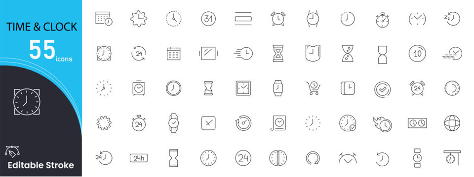 Time and clock related icon collections. Containing watch, timer, alarm, schedule, hourglass, calendar, stopwatch, deadline, and punctuality icons. Editable Stroke. Outline icons.