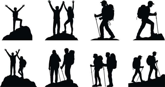 hikers and mountaineers silhouette set, trekking backpackers climbing mountain peak, adventure hiking people outdoor exploration black silhouette collection