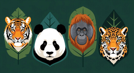 Endangered species faces tiger panda gorilla jaguar leaves conservation © Umar1122
