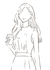 コップを持つエレガントな雰囲気の女性のイラスト　シンプルライン　白黒