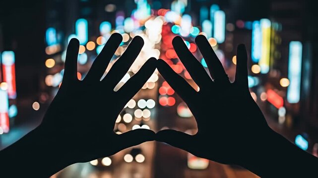 Silhouetted hands forming a triangle against a vibrant city nightscape with blurred lights
