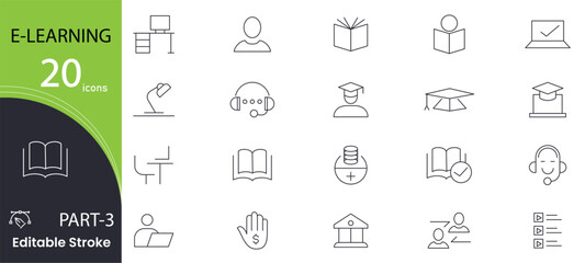 E-learning thin line icon set. Online education icon set. Education, school , knowledge, Online Course, E-Book, teacher and  certificate related outline icons collection. © khansa