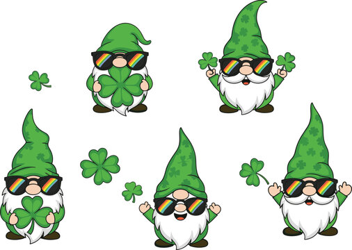 st patricks day cool gnome characters set, leprechaun dwarf with sunglasses shamrock cute irish holiday cartoon mascots