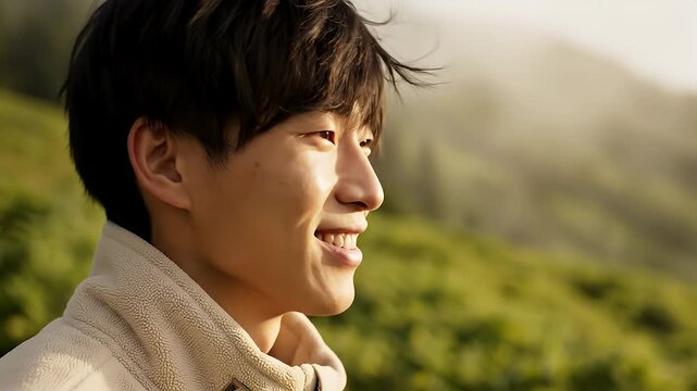 Asian Man Smiling in Nature.