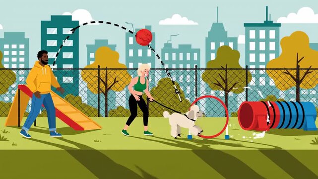 Dog agility training at urban park with people and poodle cartoon illustration