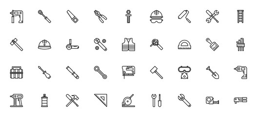 Construction icon set. Vector tool icons collection. Includes drill, wrench, saw, hammer, helmet, toolbox, screwdriver, ladder, safety gear and more. Editable stroke.