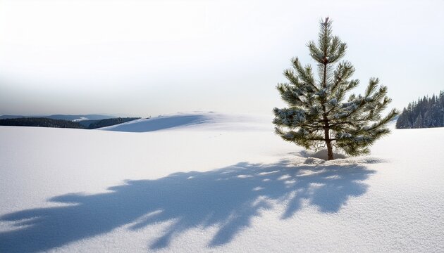 Small Pine Tree Casting A Shadow On Snowy Ground With Pure White Background