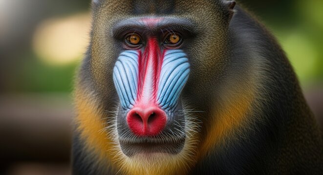 Close-Up of a Mandrill Monkey Face Showing Bright Colors and Intense Expression