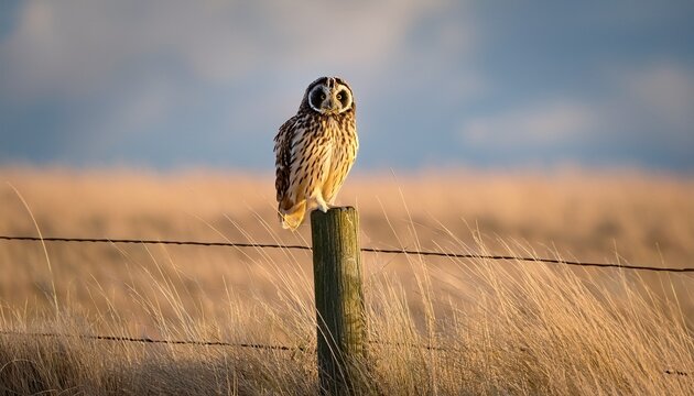 Short Eared Owl Perched On Post