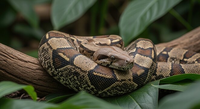 Close-up of a Python Constrictor Snake Resting on Green Leaves in Natural Habitat