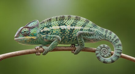 Close-Up of a Green Chameleon Resting on a Thin Branch in Natural Habitat