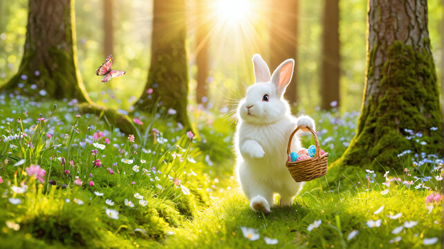 wei&szlig;er Osterhase tr&auml;gt Korb mit Ostereiern im Wald