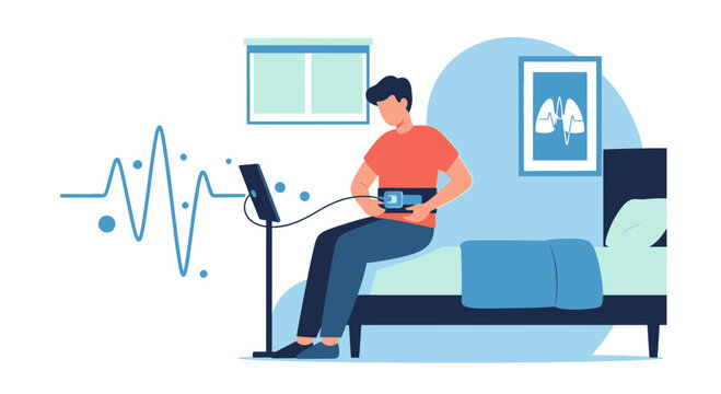 Man undergoing sleep study with polysomnography equipment at home