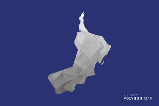 Oman Map - Polygon White and Black map Style Vector Illustration, Low Poly Geometric Design, Isolated on blue Background.