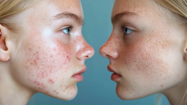 Teenage girl's skin transforming from problematic acne to clear and healthy after treatment