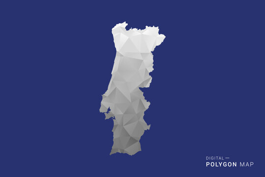 Portugal Map - Polygon White and Black map Style Vector Illustration, Low Poly Geometric Design, Isolated on blue Background.
