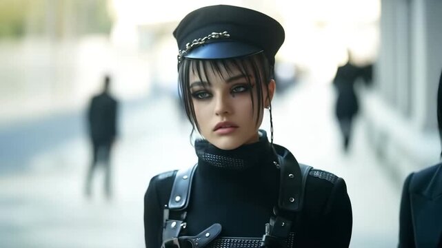 Three young women with alternative style, goth and punk subculture fashion, walking in the city