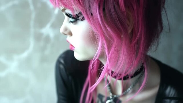 Portrait of a beautiful punk woman with pink hair and red eyes looking intensely at the camera