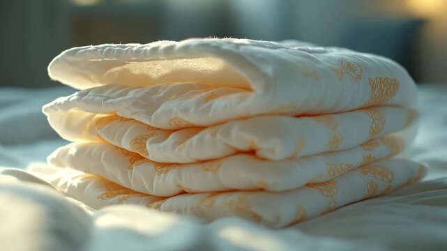 Soft stack of folded newborn diapers lying on a bed in a sunlit room