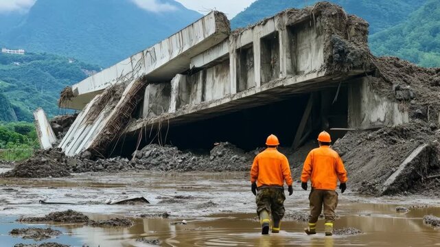 Two rescue workers in orange safety gear walking through mud towards a destroyed concrete structure