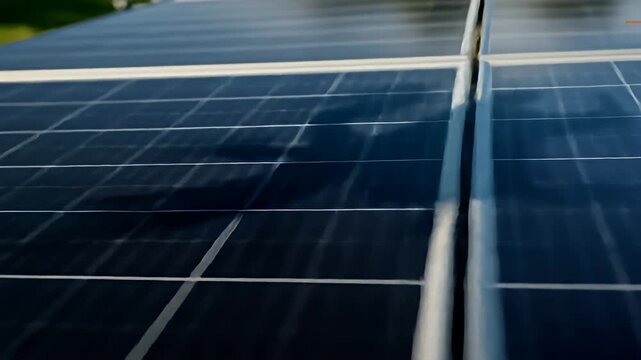 Close-up view of solar panels reflecting sunlight, with shadows of people in the background