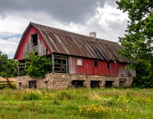 Obraz premium Weathered wooden barn with stone foundation sits in a grassy field beneath a cloudy sky. The building shows signs of age