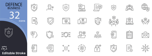 Defense business related icons set. Including cybersecurity, shield, firewall, lock, encryption, antivirus, data protection, and prevention. Editable stroke. outline icons. © khansa