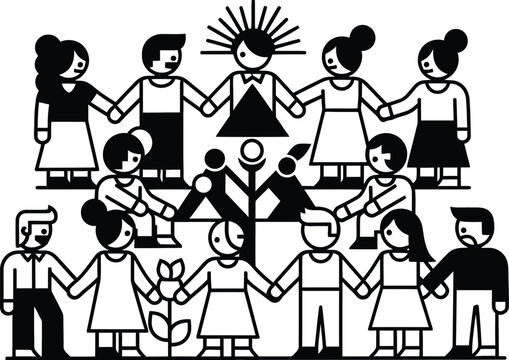 Diverse group of people holding hands in a circle around sun symbol wqe 505