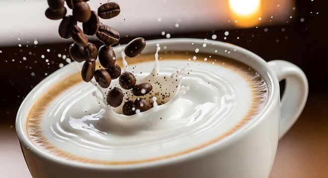 Coffee beans falling into a latte.